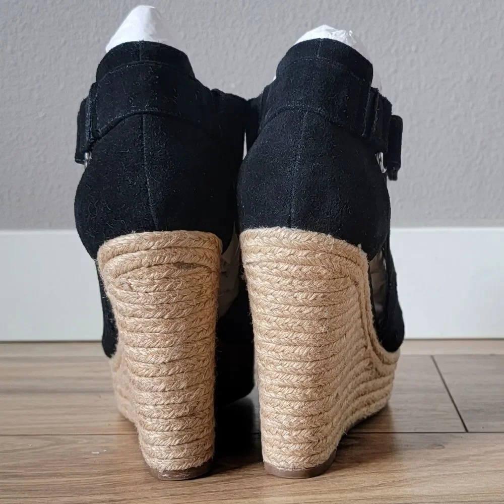 Marc Fisher Helina Platform Laser Cutout Suede Peep Toe Espadrille Wedge Black